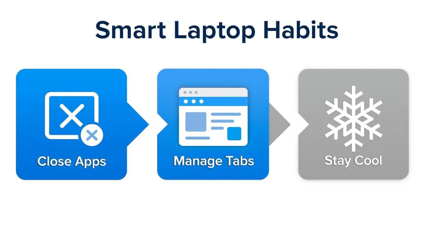 Infographic showing a 3-step process for Smart Laptop Habits with icons for closing apps, managing tabs, and keeping the device cool.