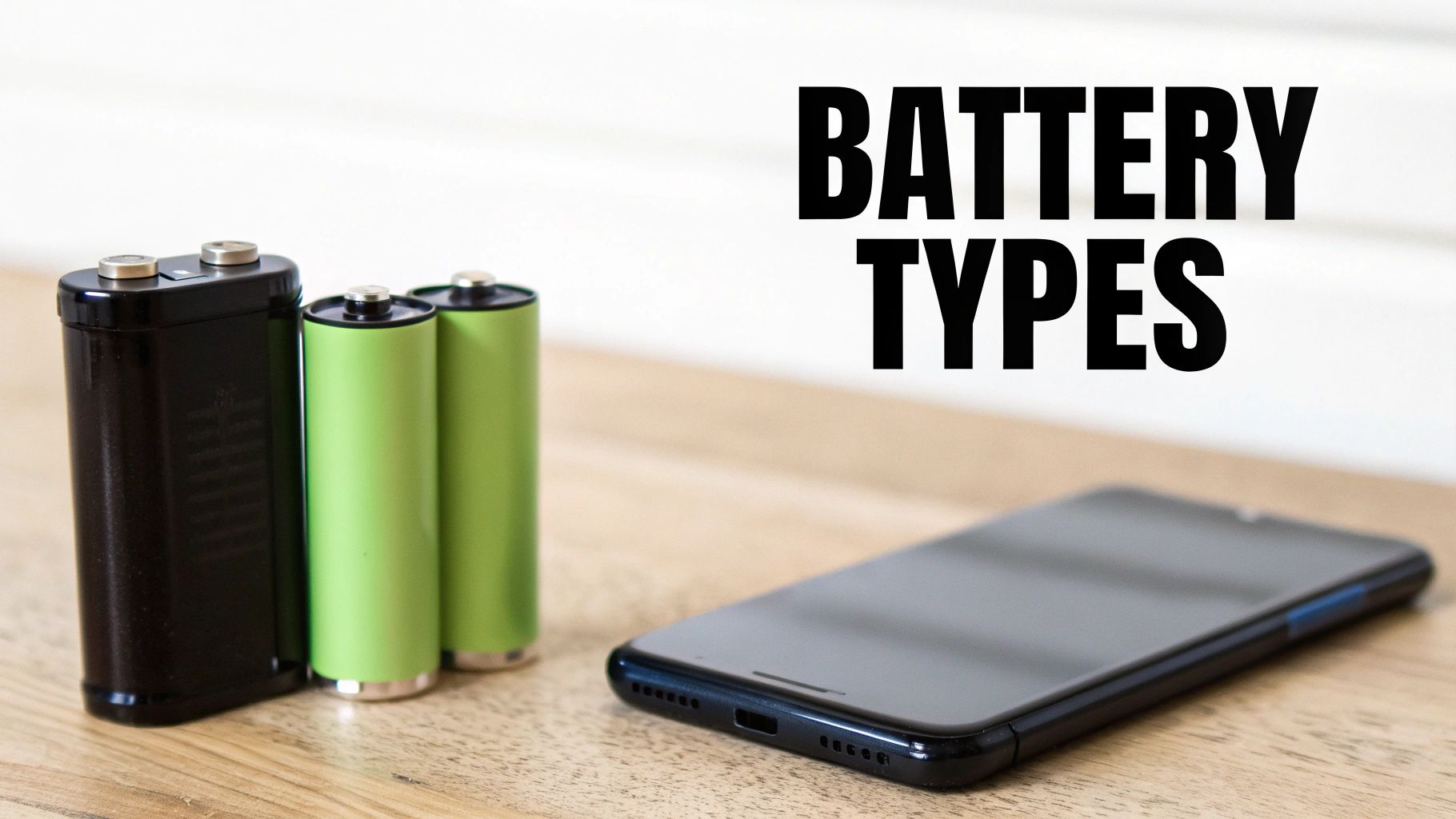 Three different types of batteries—a car battery, AA rechargeable batteries, and a smartphone battery—lined up to show variety.