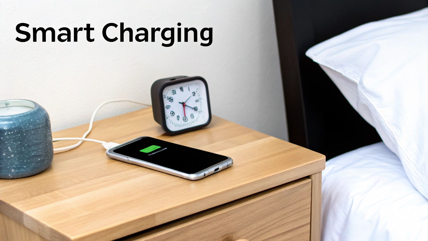 A person's hand holding a smartphone with a battery charging icon displayed, set against a blurred background of a modern living space.