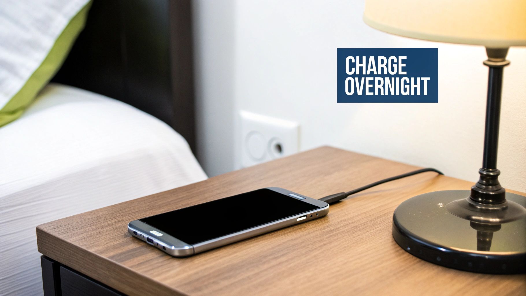 A smartphone charging on a bedside table at night, with the screen lit up.