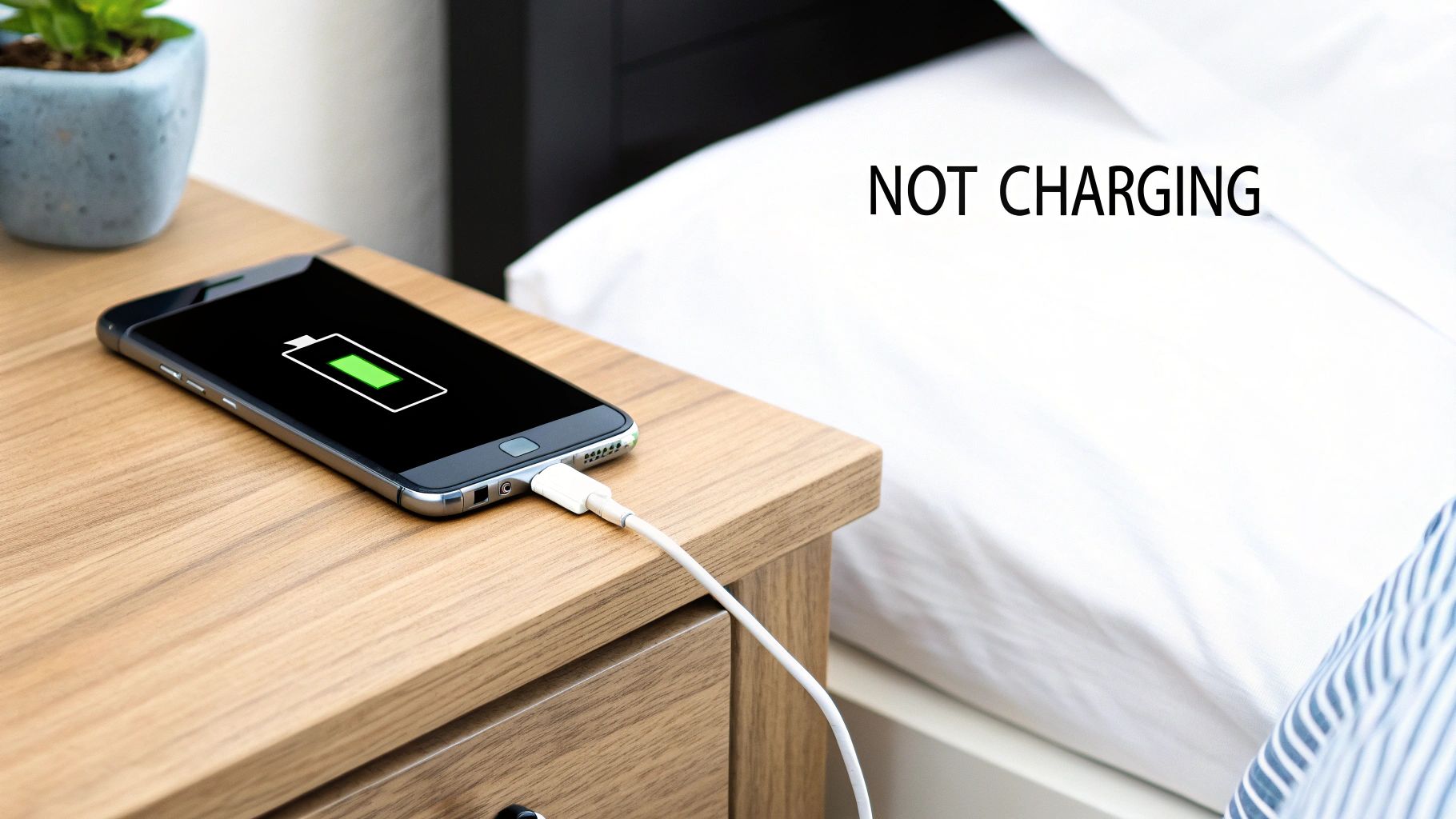 A person inspecting an iPhone charging cable and adapter for signs of damage.