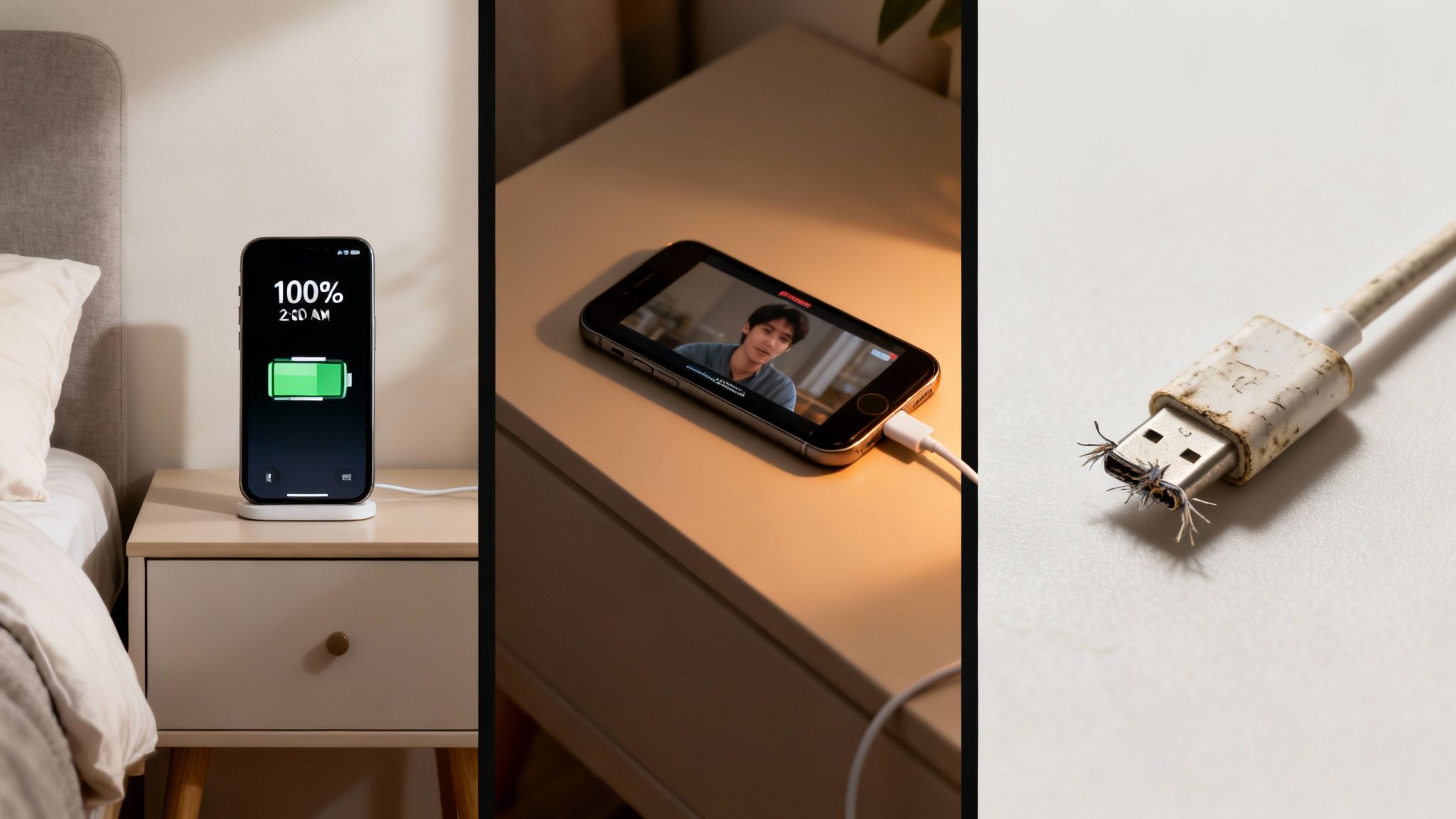A multi-panel image displaying a fully charged phone, a phone during a video call, and a frayed charging cable.