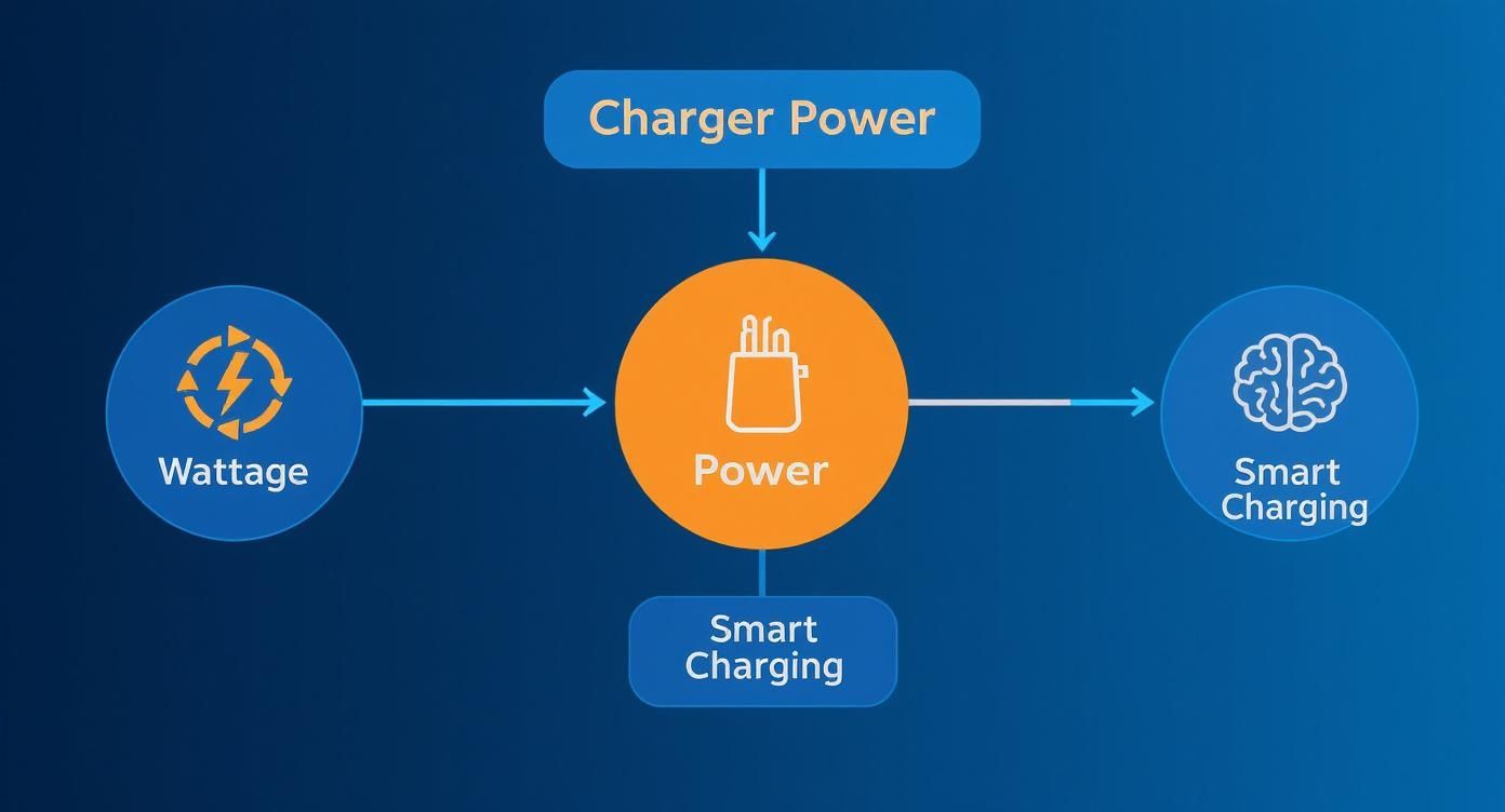 Diagram illustrating power flow from wattage and charger power to smart charging.