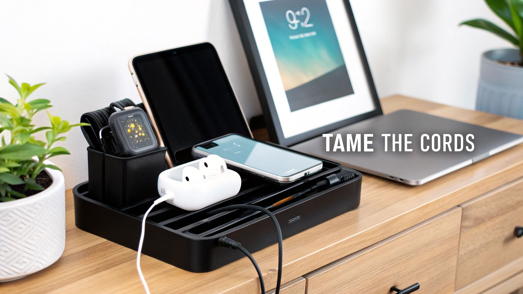 Desk organizer with multiple electronic devices charging, including a tablet, phone, AirPods, and smartwatch.