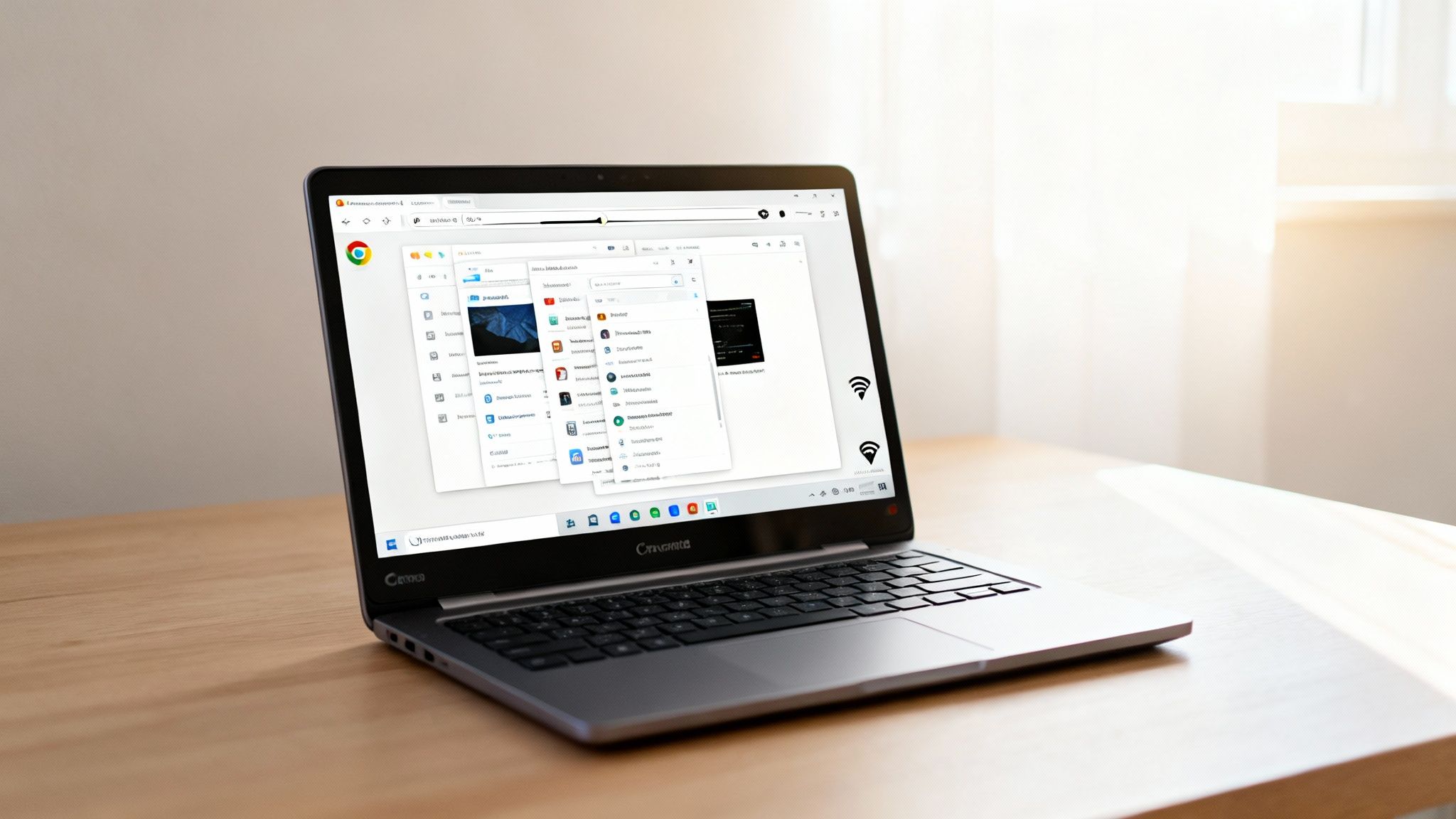 An open black and silver Chromebook laptop displaying multiple windows on a wooden desk.