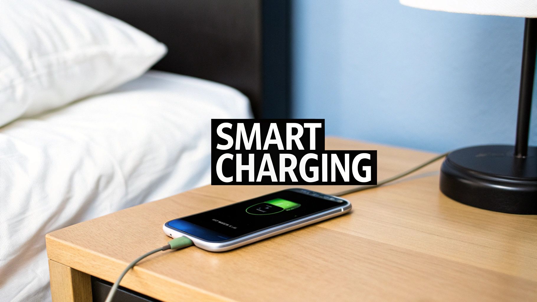 A smartphone connected to a charger with a green battery icon, placed on a wooden surface next to a plant.