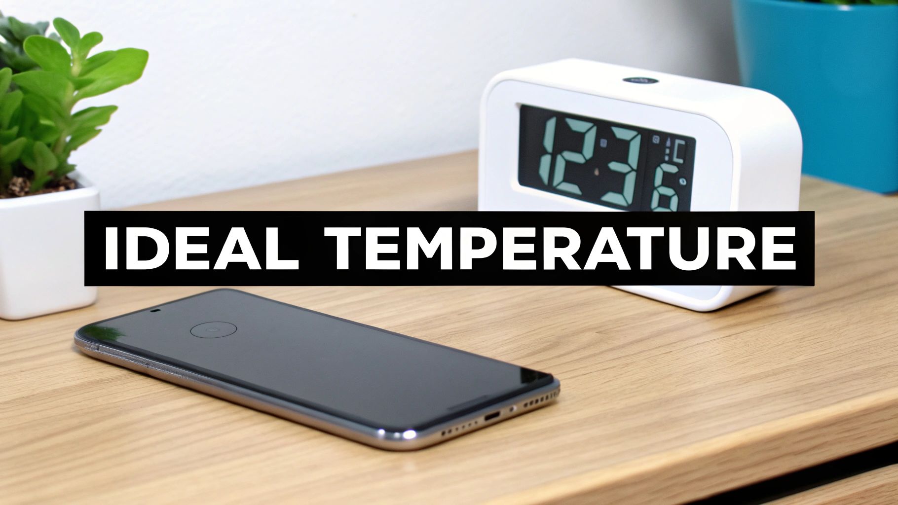 A thermometer showing a moderate, safe temperature for charging a lithium-ion battery.