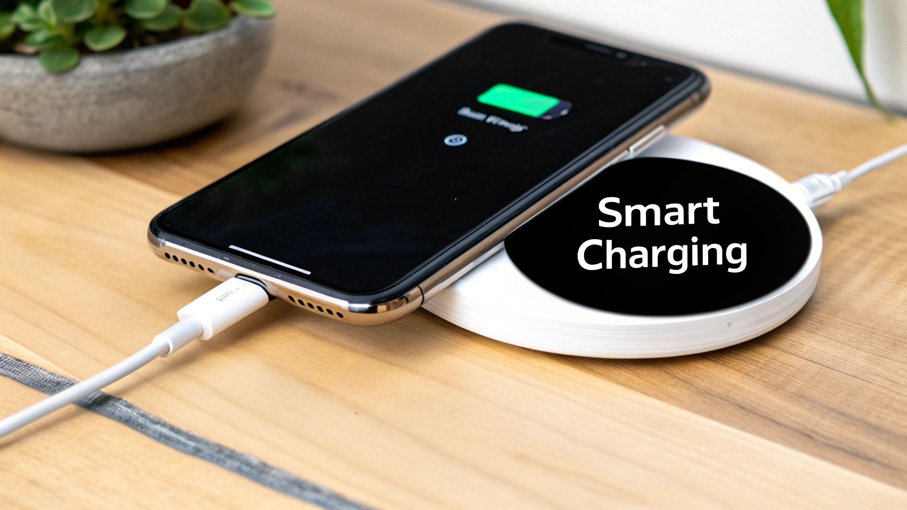 An iPhone on a wireless charger with a green battery icon, symbolizing healthy and efficient charging.