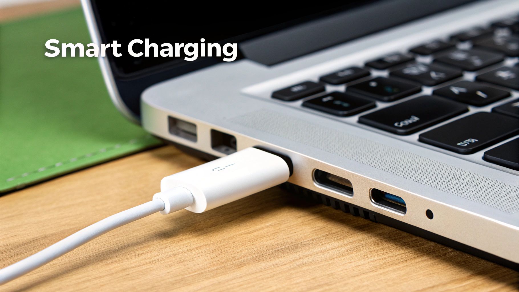 A modern USB-C cable connected to a laptop, showcasing the universal connector.