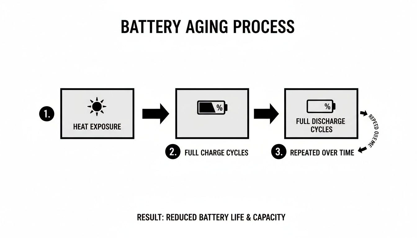 Diagram illustrating the battery aging process through heat exposure, full charge and discharge cycles, leading to reduced battery life.