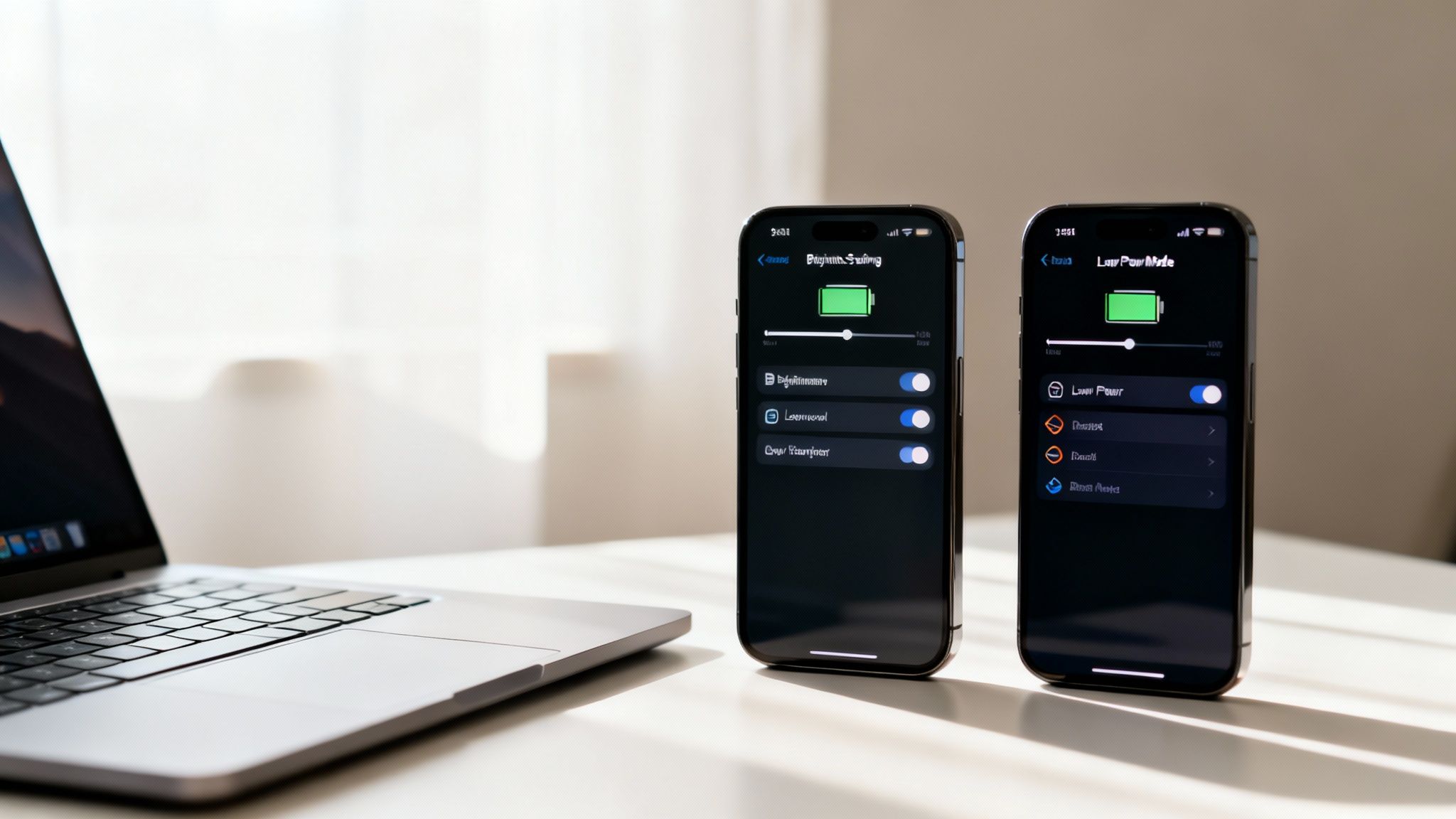 Two smartphones display battery saving settings, including Low Power Mode, next to a laptop.