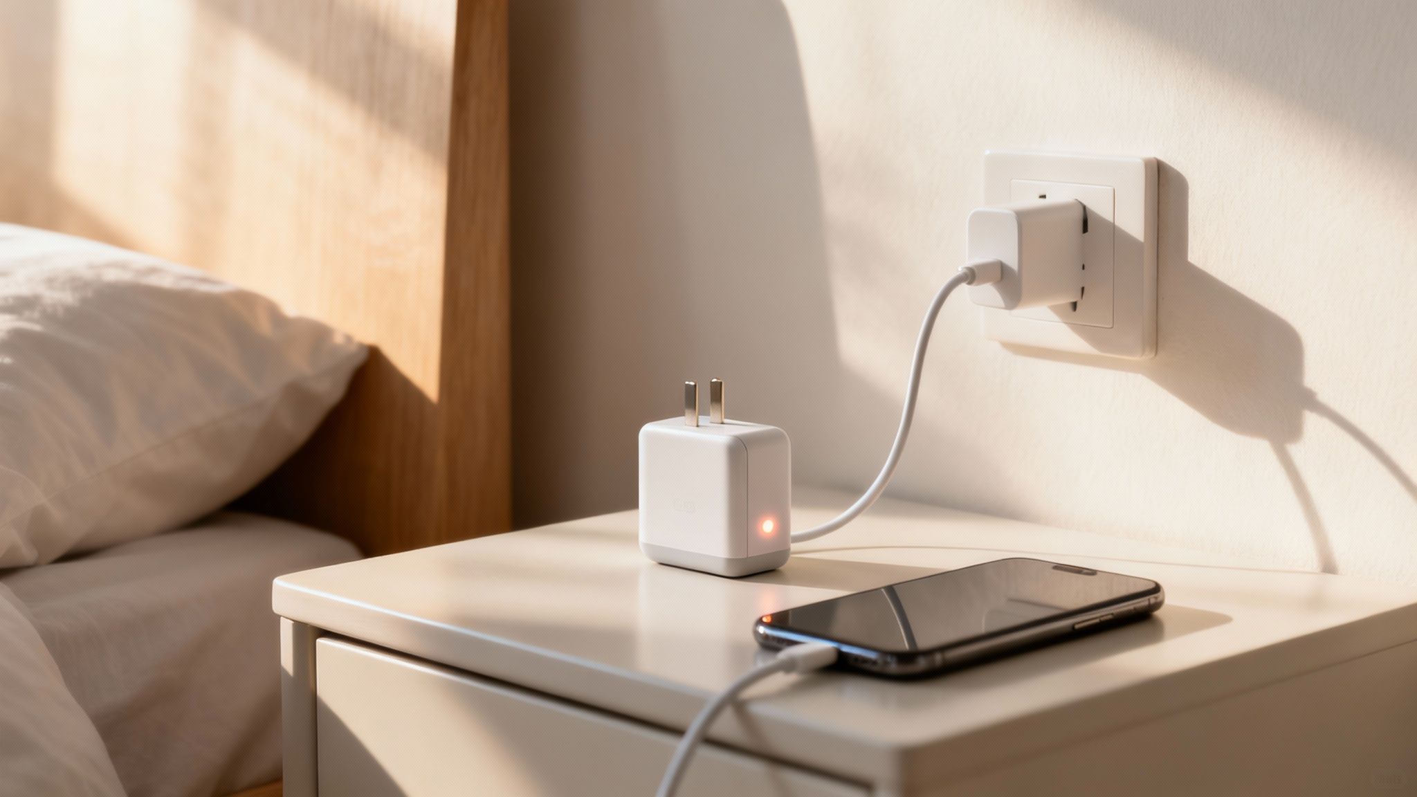 A smartphone charges on a nightstand with a white adapter, next to a bed.
