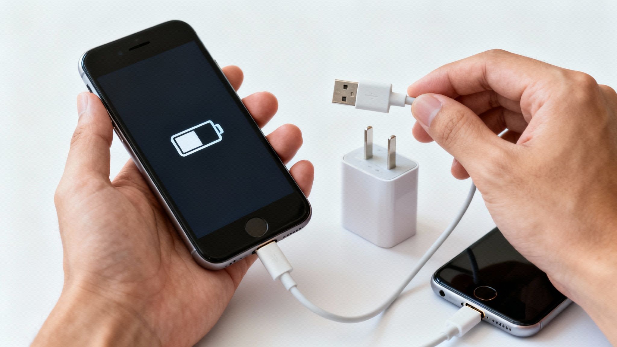 A person's hands connecting a phone charger to a smartphone with low battery display.