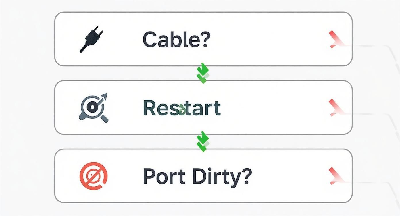 A visual troubleshooting guide showing steps to check cable, restart device, and clean port.