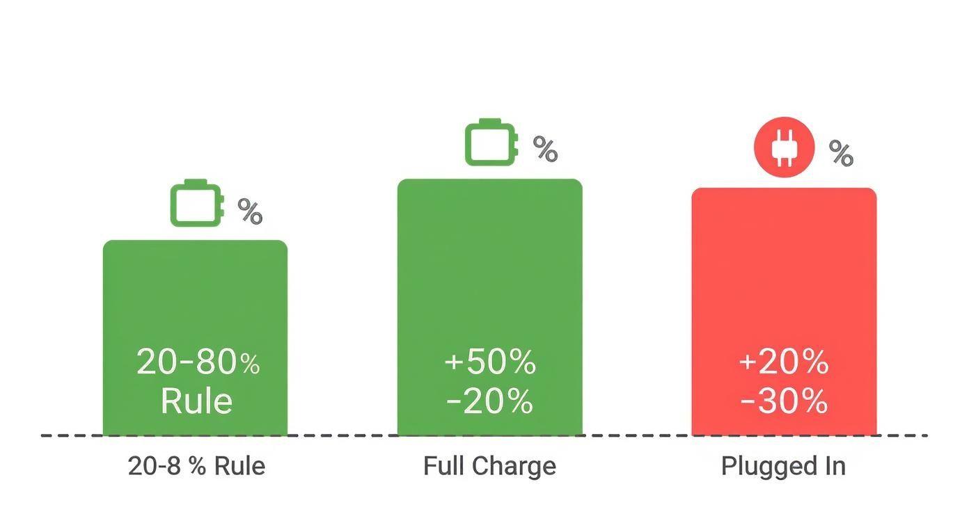 Bar chart comparing battery charging practices: 20-80% Rule, Full Charge, and Plugged In, with associated battery health impacts.