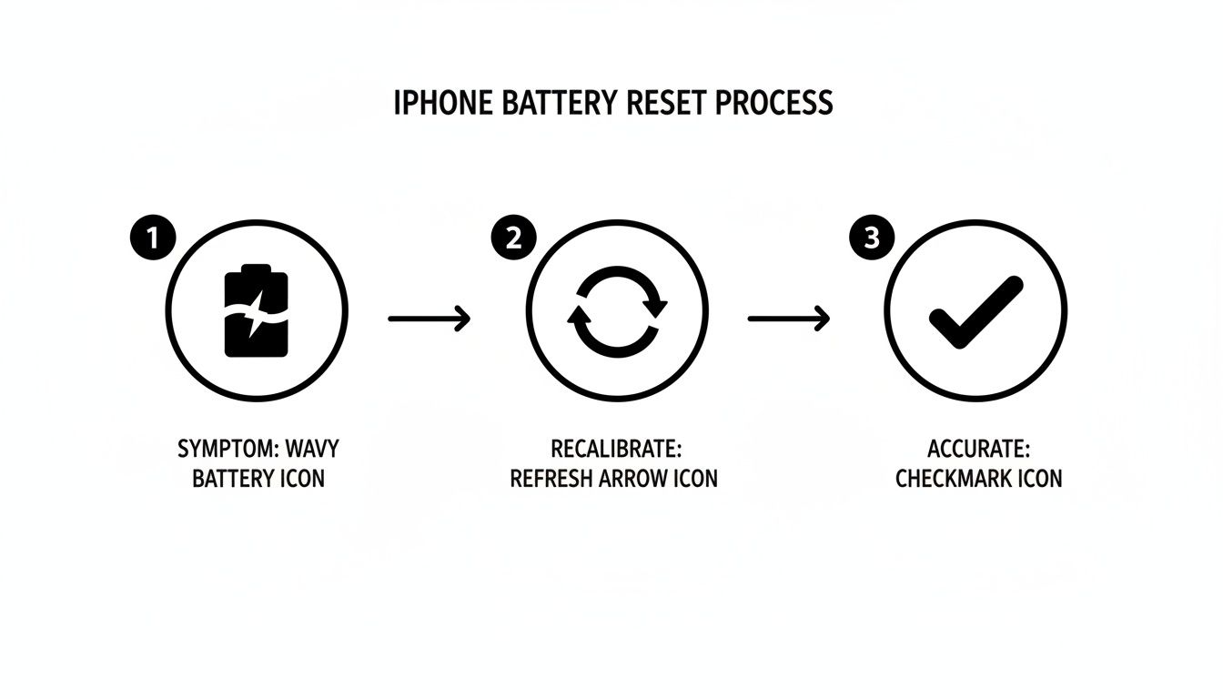 A three-step diagram illustrating the iPhone battery reset process, from wavy icon to a checkmark.