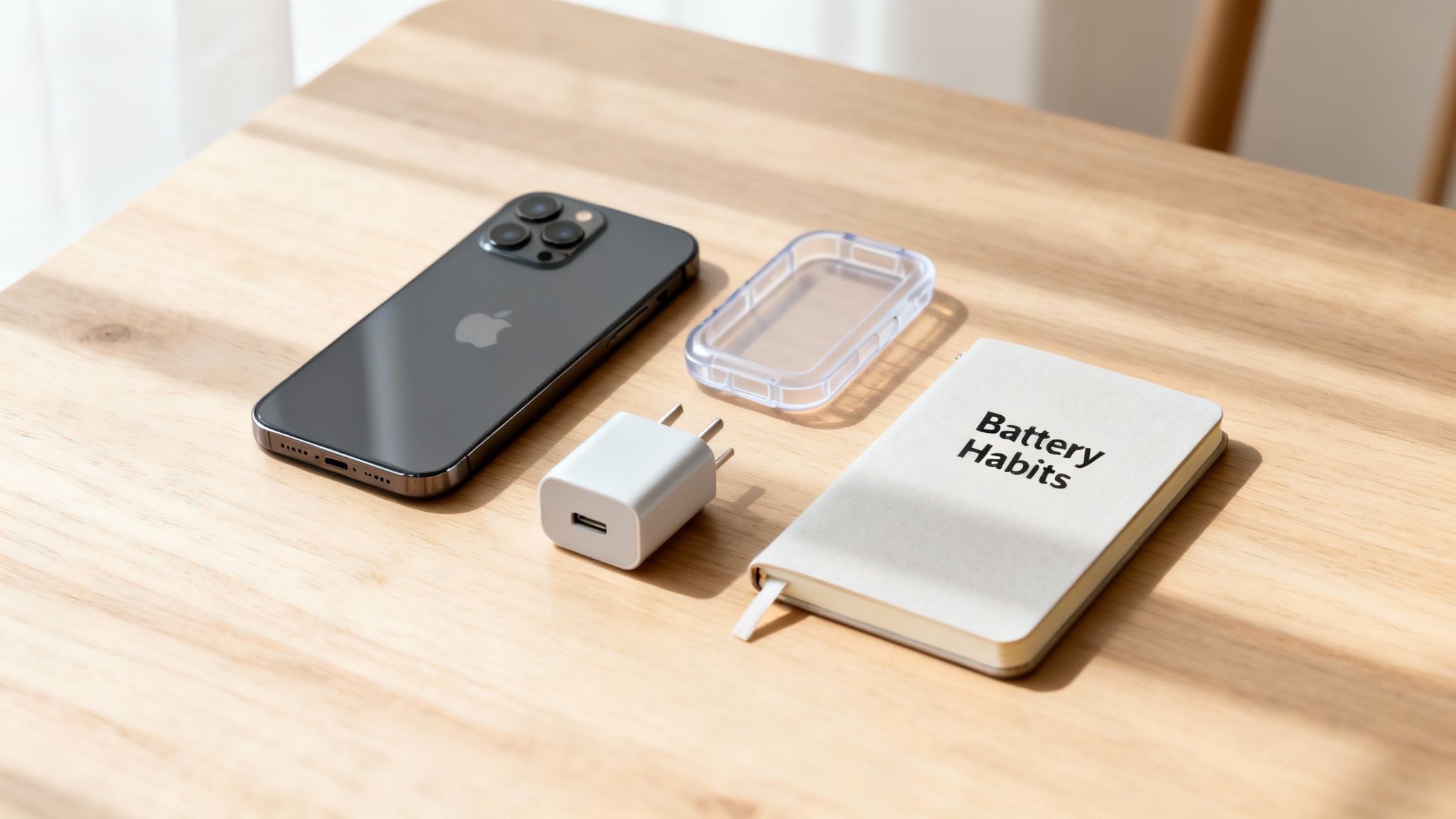 An iPhone, charger, clear case, and a 'Battery Habits' notebook on a wooden table.