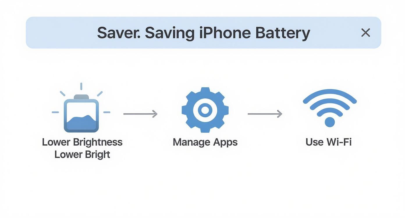 A visual guide illustrating three steps to save iPhone battery: lower brightness, manage apps, and use Wi-Fi.