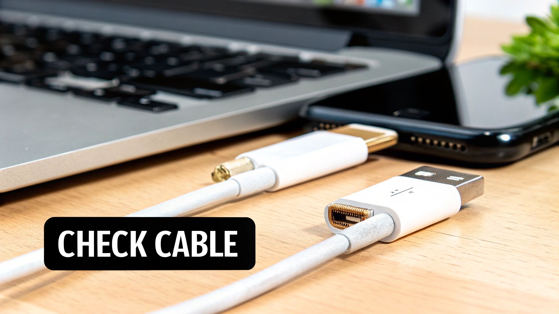 White USB-C and HDMI cables connecting a laptop and smartphone on a wooden desk, with 'CHECK CABLE' text.