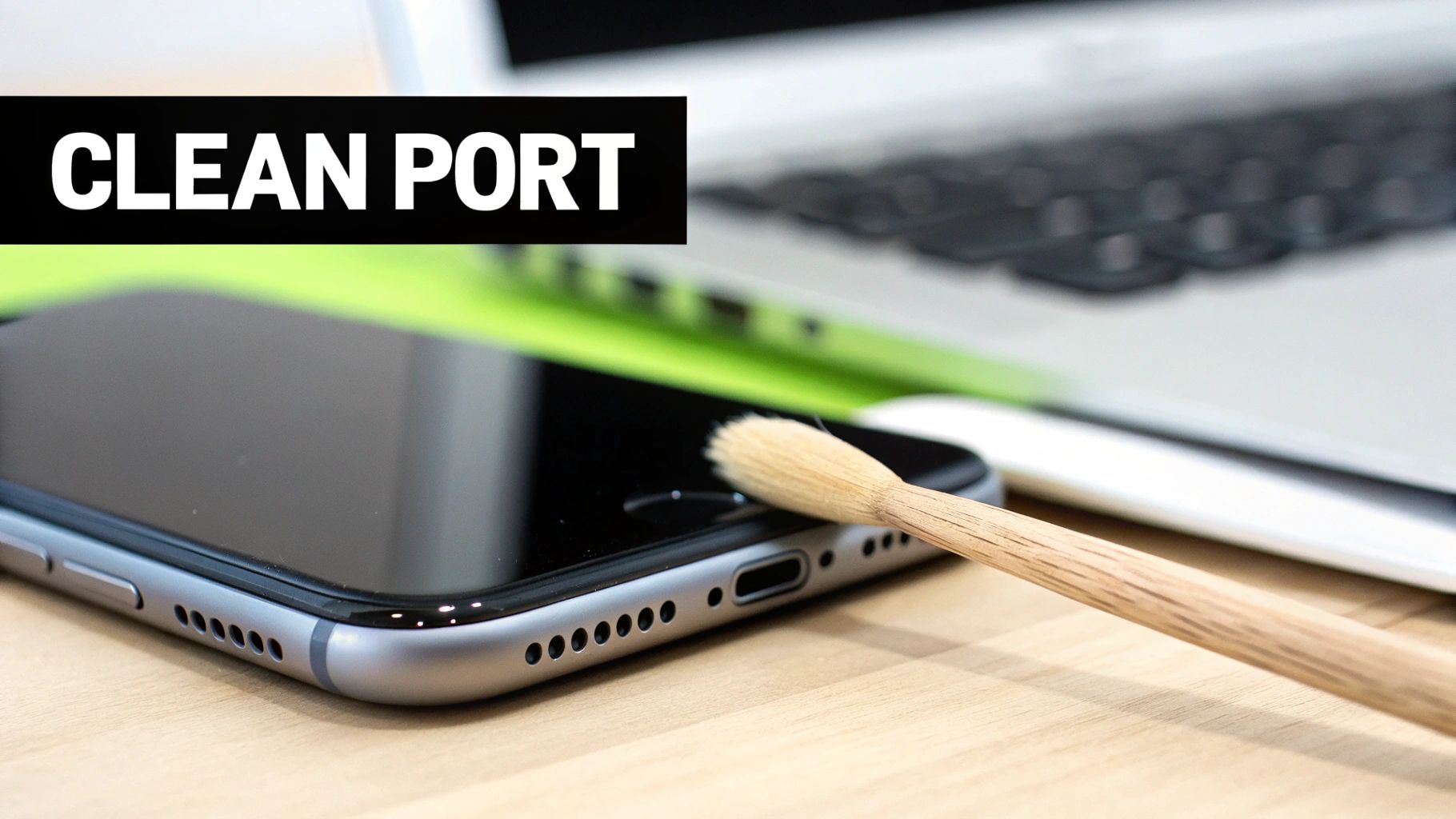 A close-up of a toothbrush cleaning the charging port of a grey iPhone, with a laptop in the background and 'CLEAN PORT' text overlay.