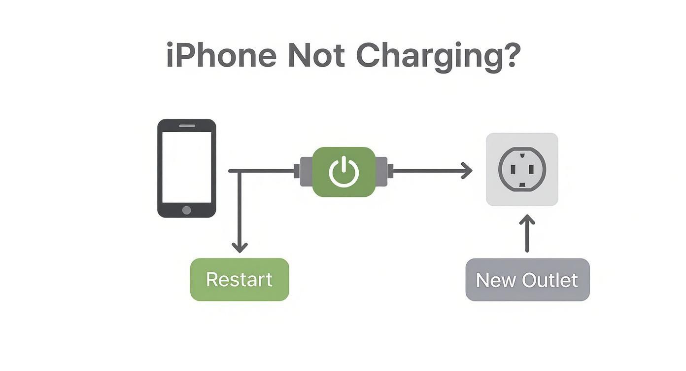 Flowchart illustrating troubleshooting steps for an iPhone not charging: restart, power adapter, new outlet.