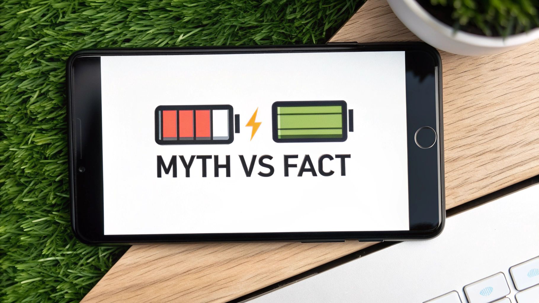 Smartphone displaying battery myth versus fact comparison with charging icon between two battery indicators