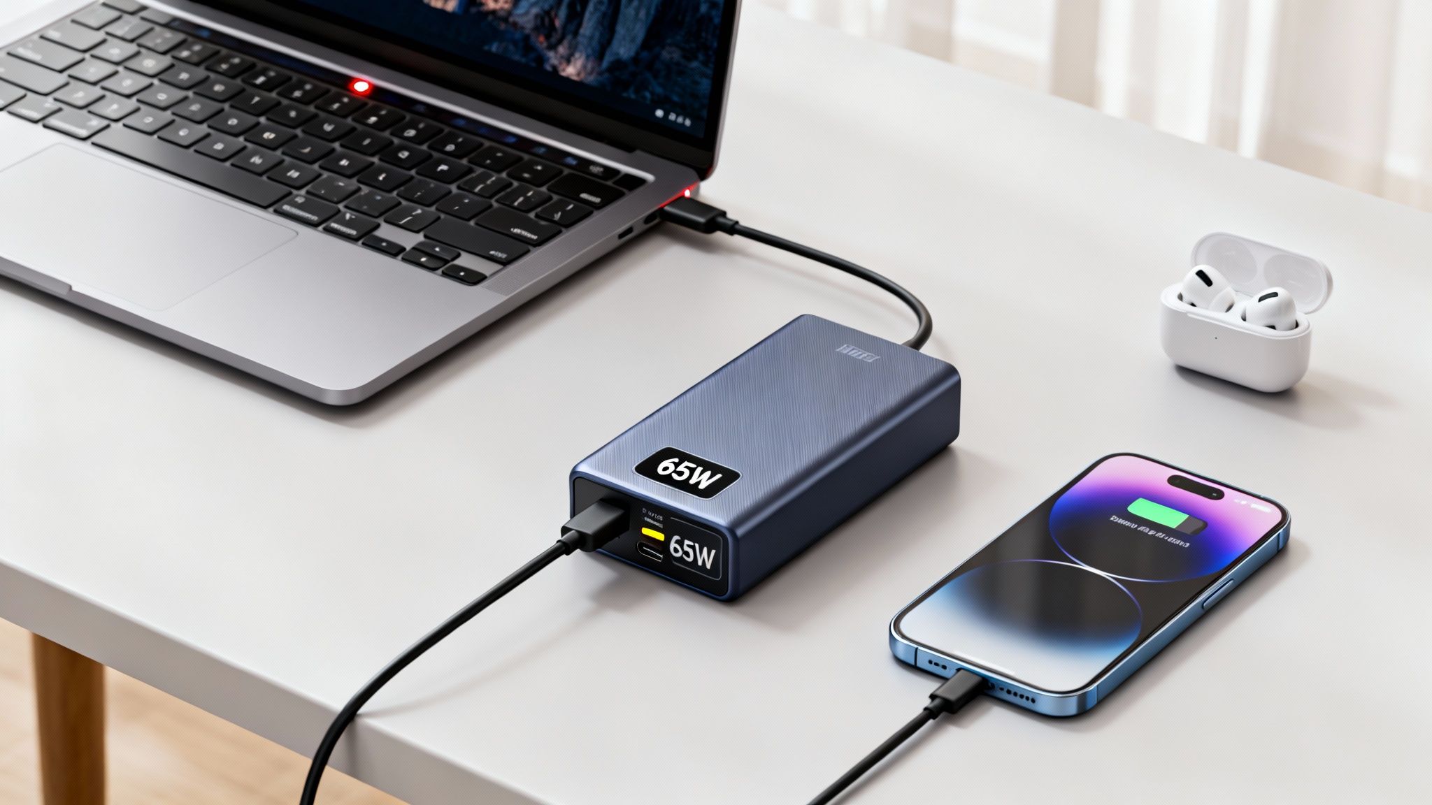 A blue power bank charges a silver laptop and a blue smartphone on a white desk with AirPods.