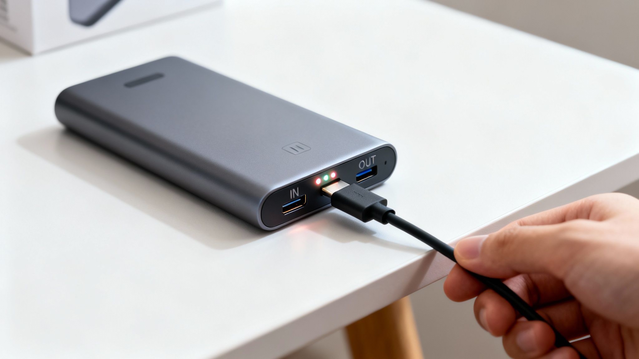 A hand plugs a black USB-C cable into a gray power bank with illuminated LEDs on a white table.