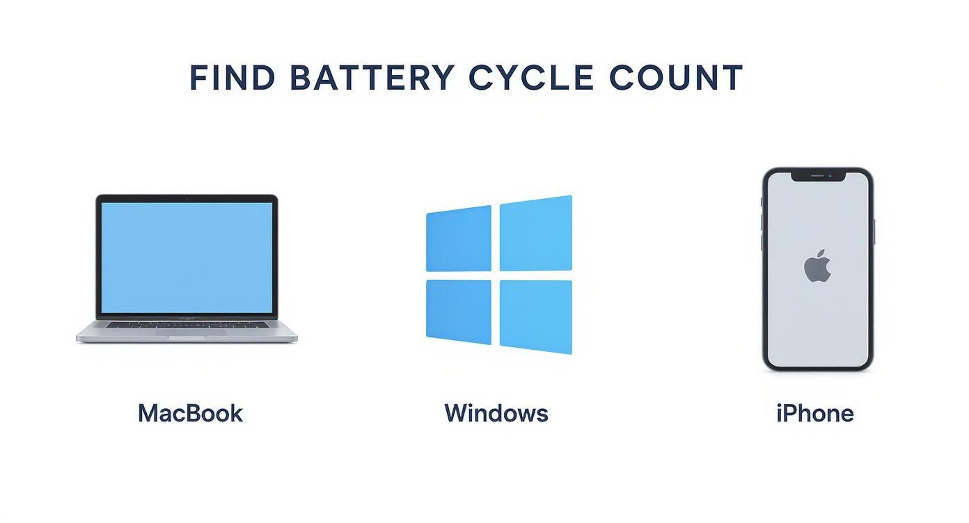 Three devices showing MacBook laptop, Windows logo, and iPhone to check battery cycle count