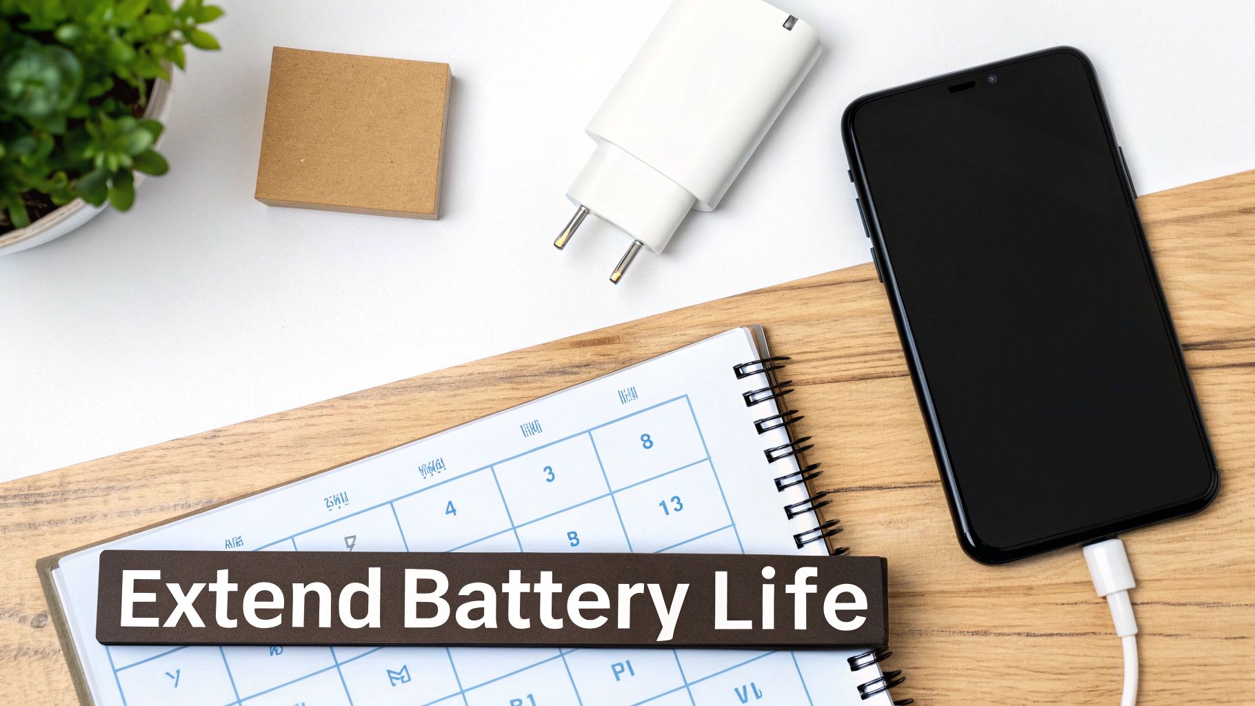 Smartphone charging on desk with calendar and charger to extend battery life and optimize cycle count