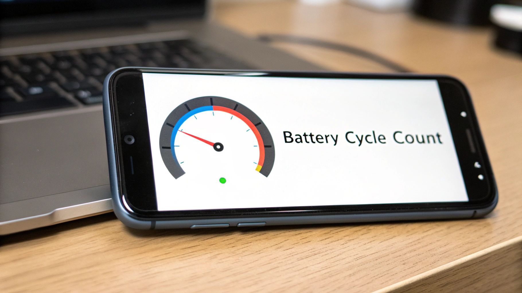 Smartphone displaying battery cycle count gauge meter on screen next to laptop keyboard