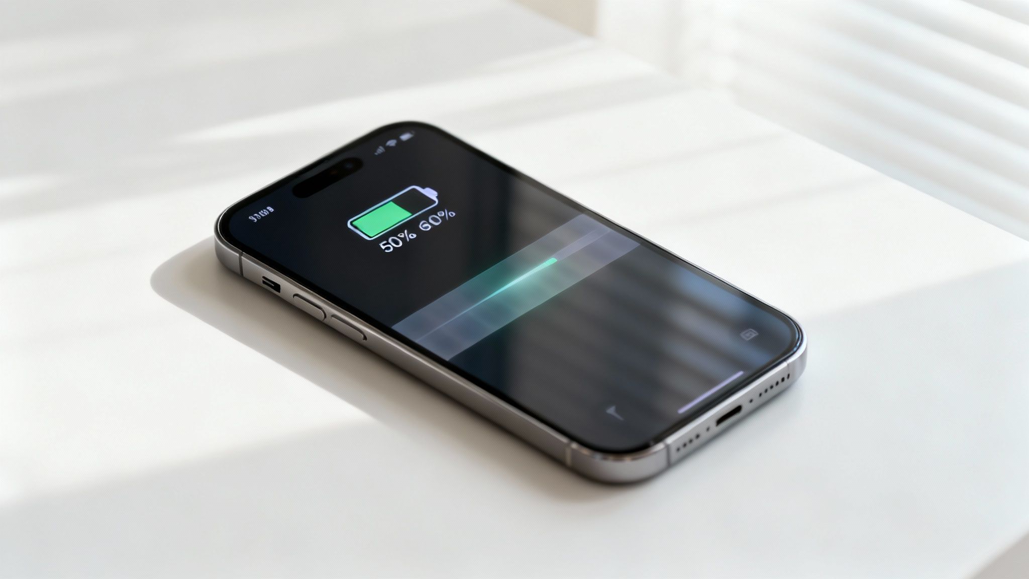 An iPhone showing 50% battery life and a charging animation on a white table.