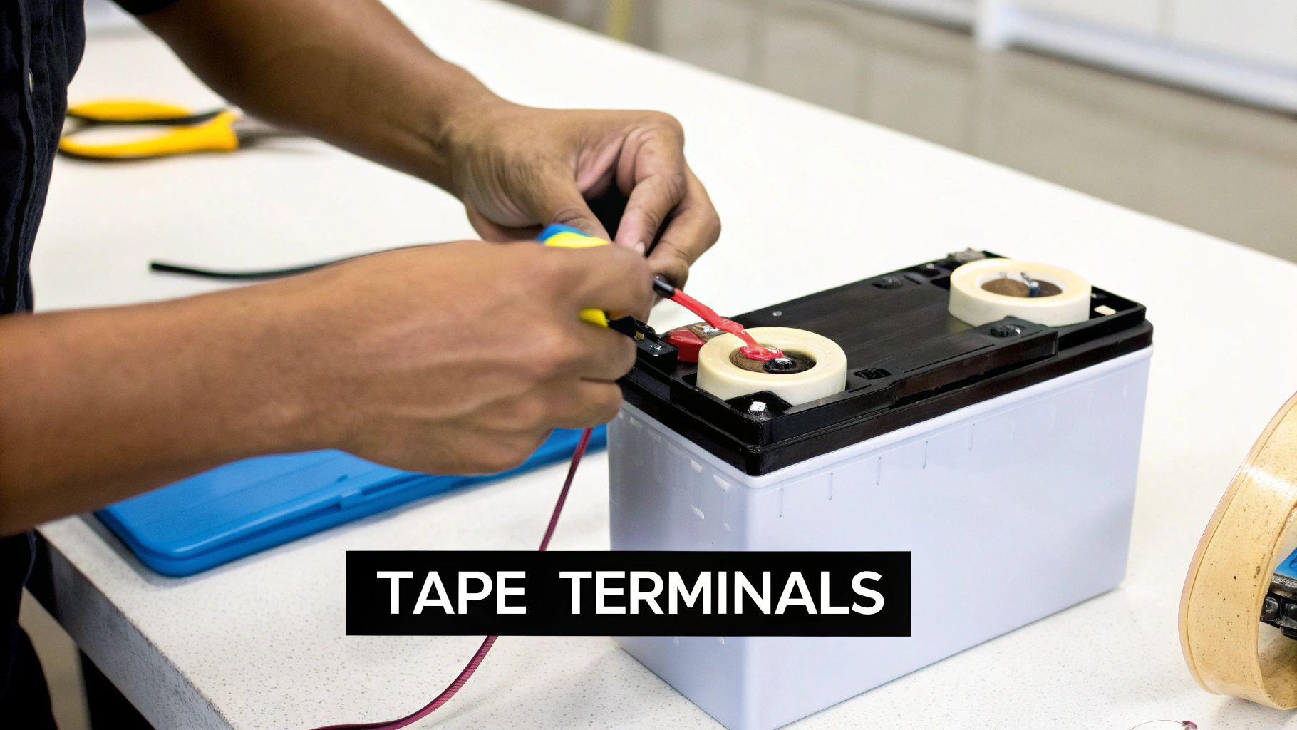 Person taping battery terminals with electrical tape on white car battery for safe disposal